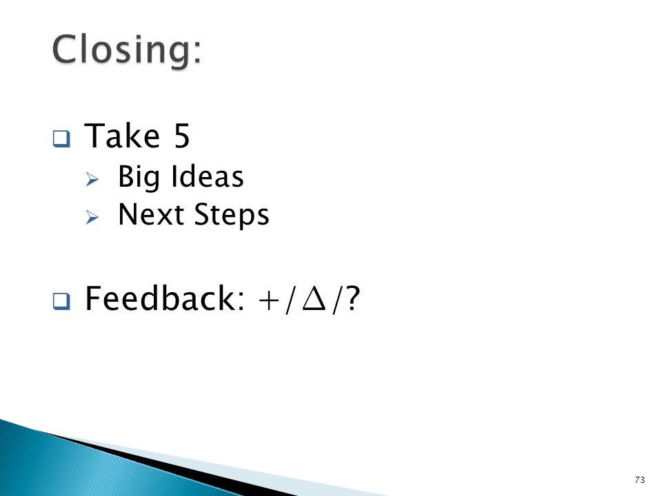  Take 5  Big Ideas  Next Steps  Feedback: +/∆/ 73