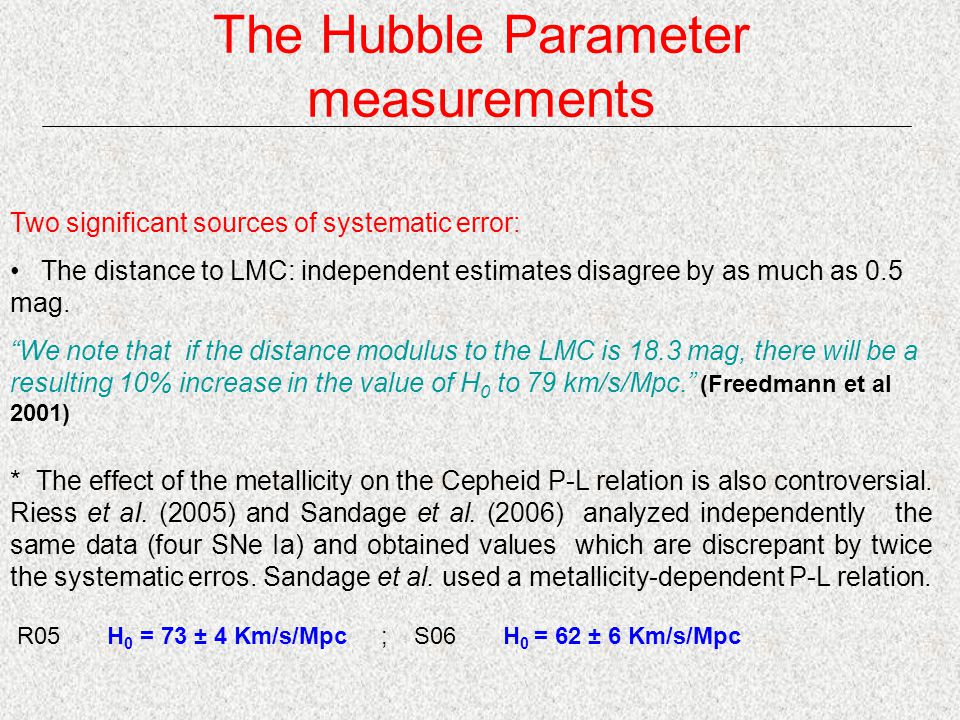 The Hubble Parameter measurements Two significant sources of systematic error: The distance to LMC: independent estimates disagree by as much as 0.5 mag.