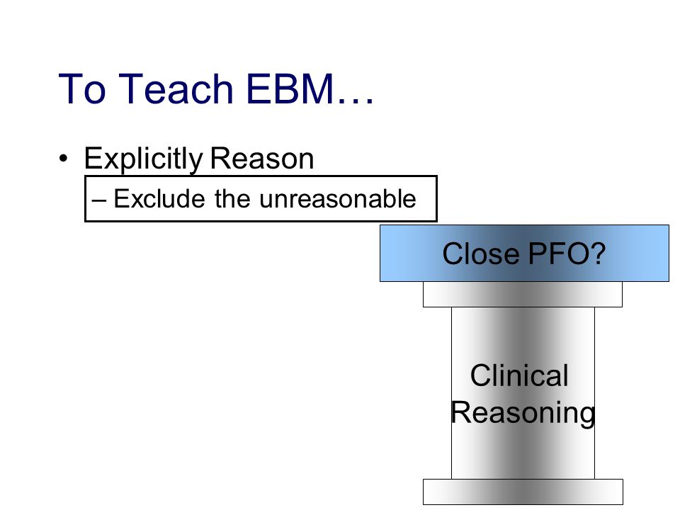 To Teach EBM… Explicitly Reason –Exclude the unreasonable Clinical Reasoning Close PFO