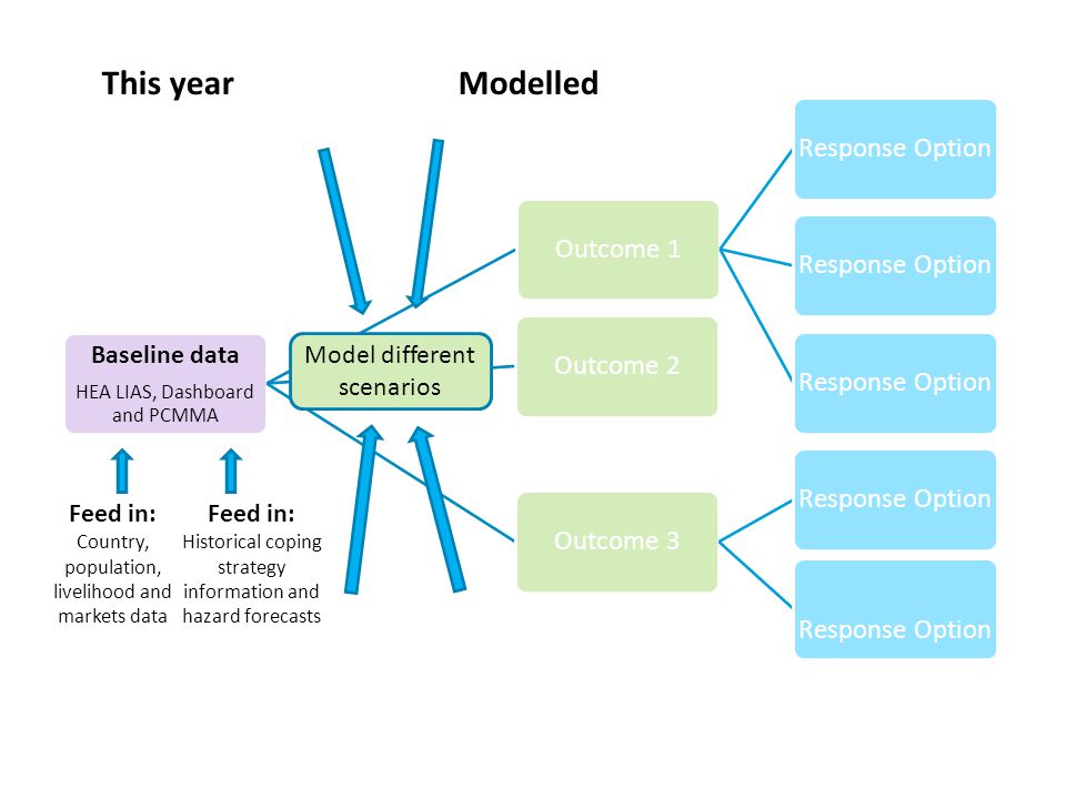 Baseline data HEA LIAS, Dashboard and PCMMA Outcome 1Response Option Outcome 2Outcome 3Response Option This yearModelled Feed in: Country, population, livelihood and markets data Feed in: Historical coping strategy information and hazard forecasts Model different scenarios
