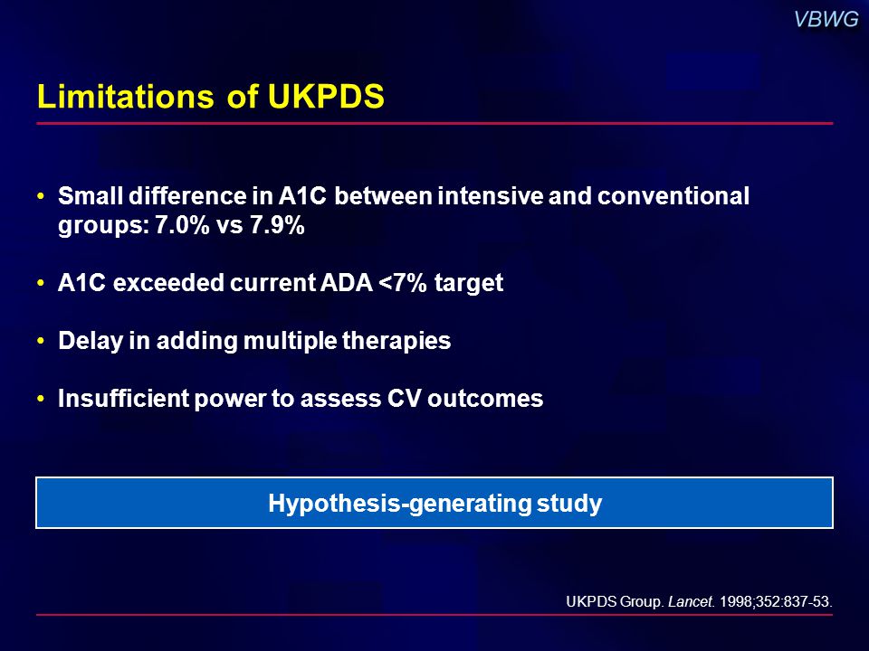 Limitations of UKPDS Small difference in A1C between intensive and conventional groups: 7.0% vs 7.9% A1C exceeded current ADA <7% target Delay in adding multiple therapies Insufficient power to assess CV outcomes UKPDS Group.