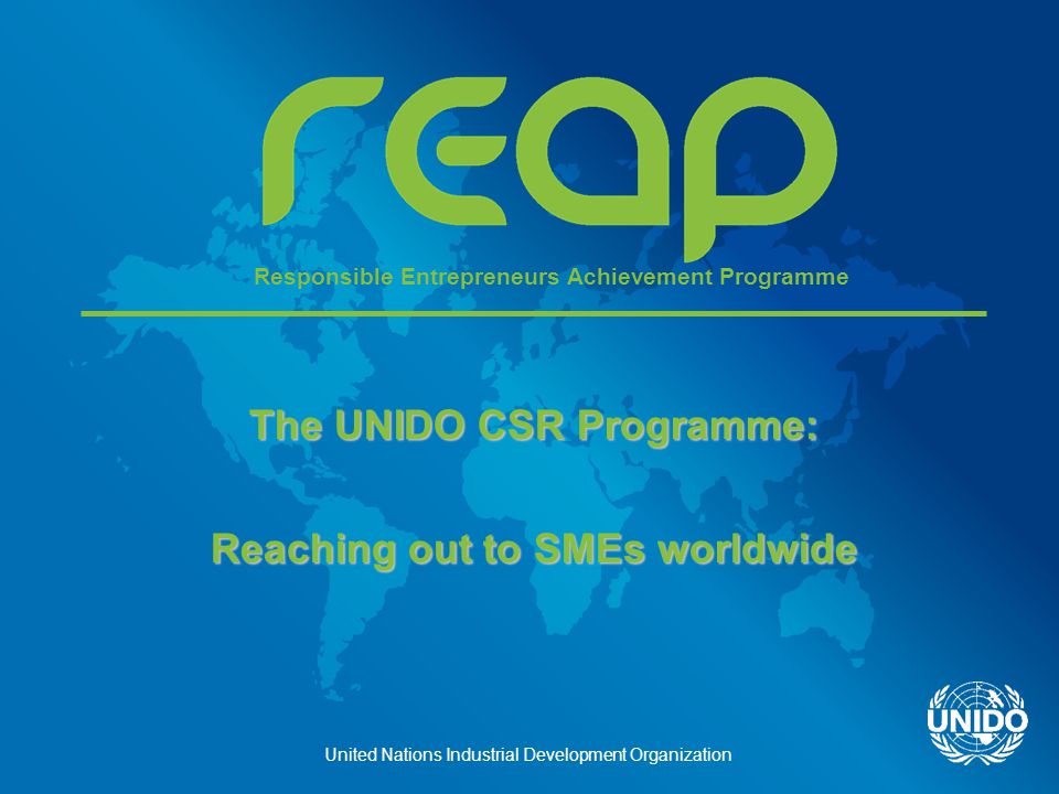 United Nations Industrial Development Organization The UNIDO CSR Programme: Reaching out to SMEs worldwide Responsible Entrepreneurs Achievement Programme