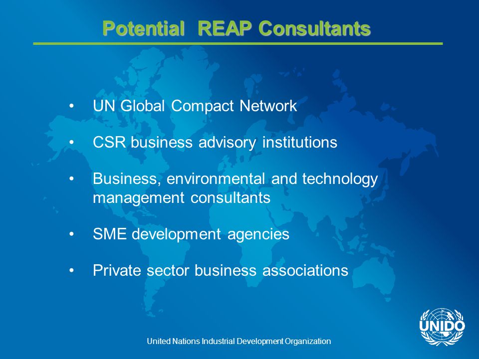 United Nations Industrial Development Organization Potential REAP Consultants UN Global Compact Network CSR business advisory institutions Business, environmental and technology management consultants SME development agencies Private sector business associations