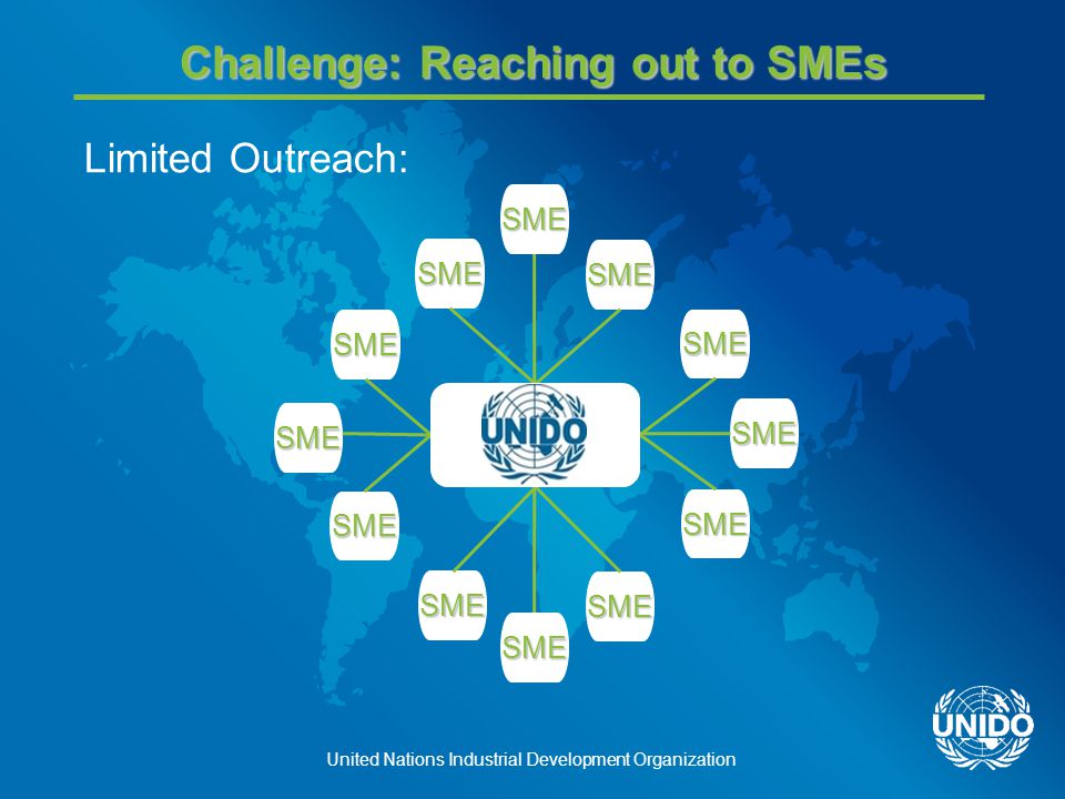 United Nations Industrial Development Organization Challenge: Reaching out to SMEs Limited Outreach: SME SME SME SME SME SME SME SME SME SME SME SME
