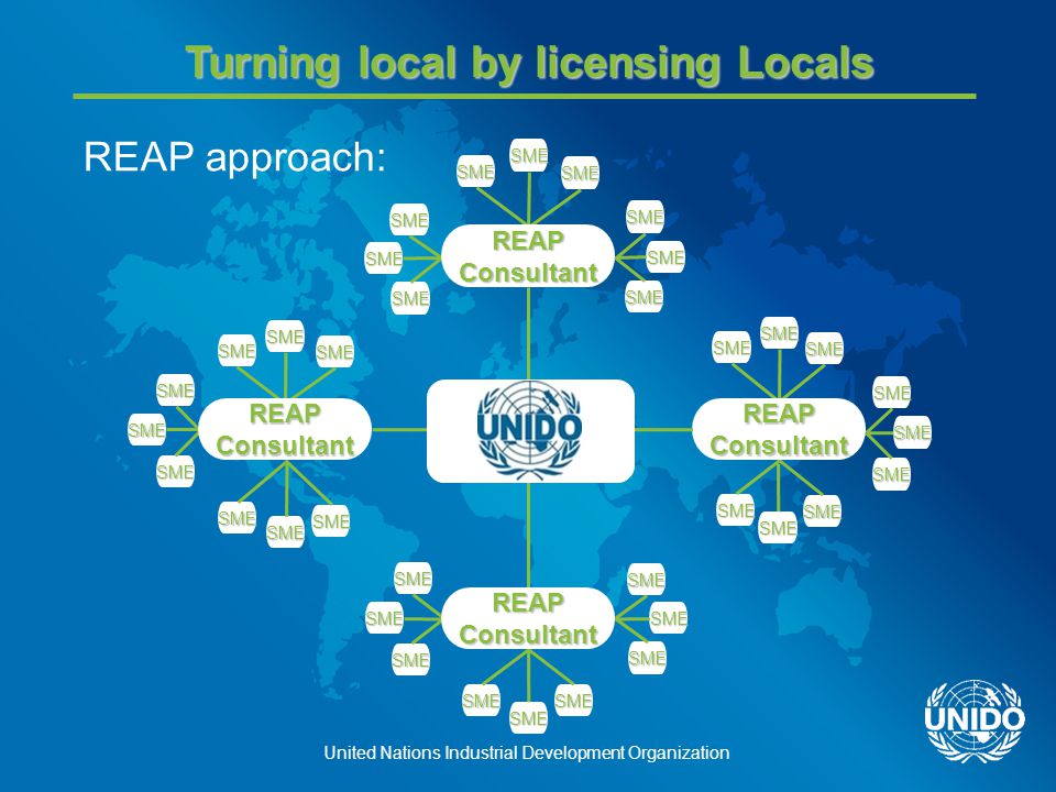 United Nations Industrial Development Organization Turning local by licensing Locals SME SME SMESMESME SMESME SME SME SME SME SME SME SME SME SME SME SME SME SME SME SME SME SME SME SME SME SME SME SME SME SME SME SME SME SME REAP approach: REAP Consultant