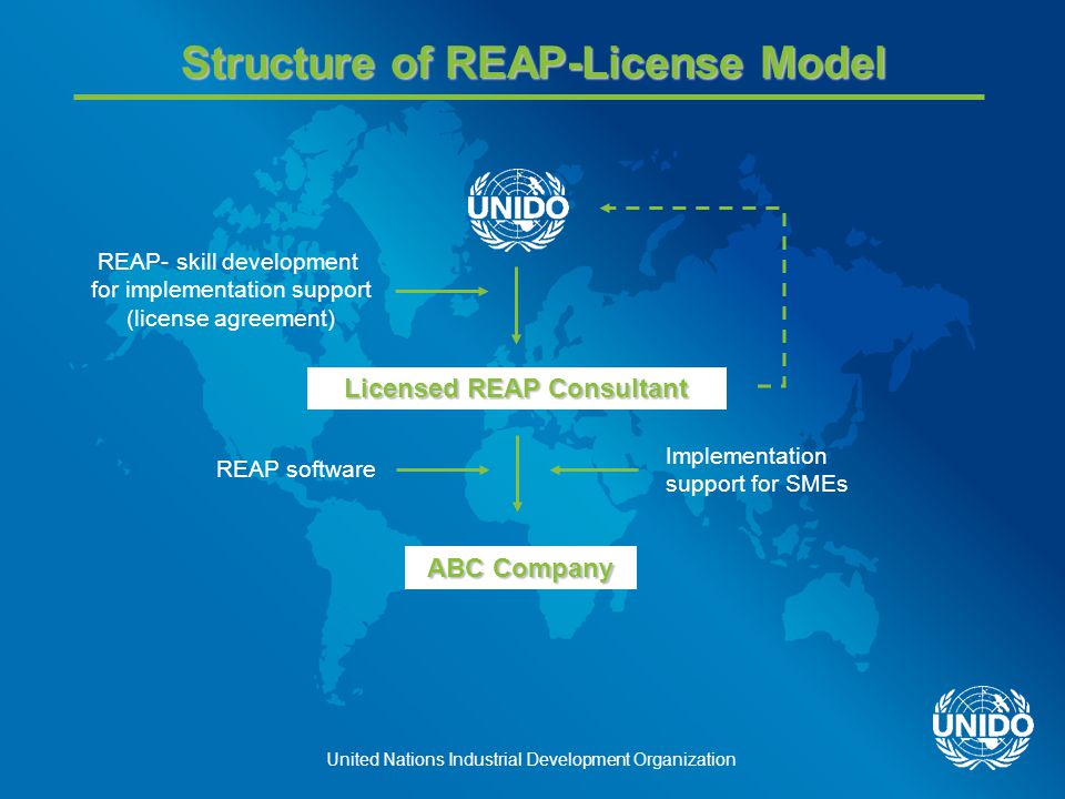 United Nations Industrial Development Organization Structure of REAP-License Model Licensed REAP Consultant ABC Company REAP- skill development for implementation support (license agreement) REAP software Implementation support for SMEs