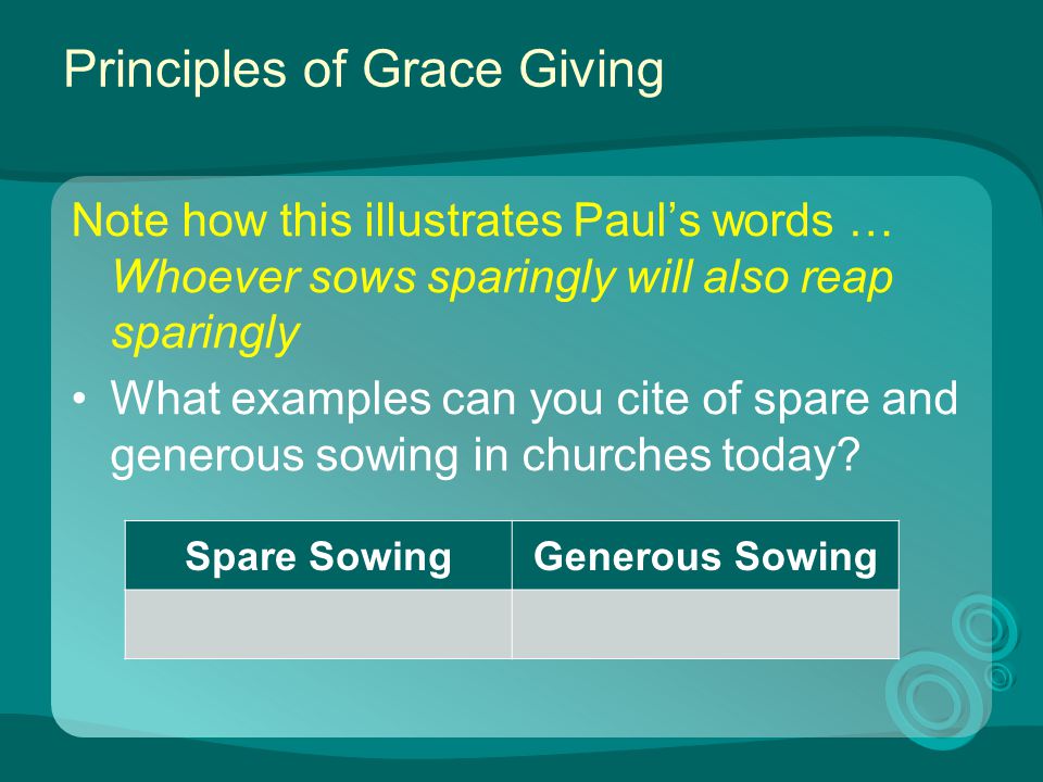 Principles of Grace Giving Note how this illustrates Paul’s words … Whoever sows sparingly will also reap sparingly What examples can you cite of spare and generous sowing in churches today.