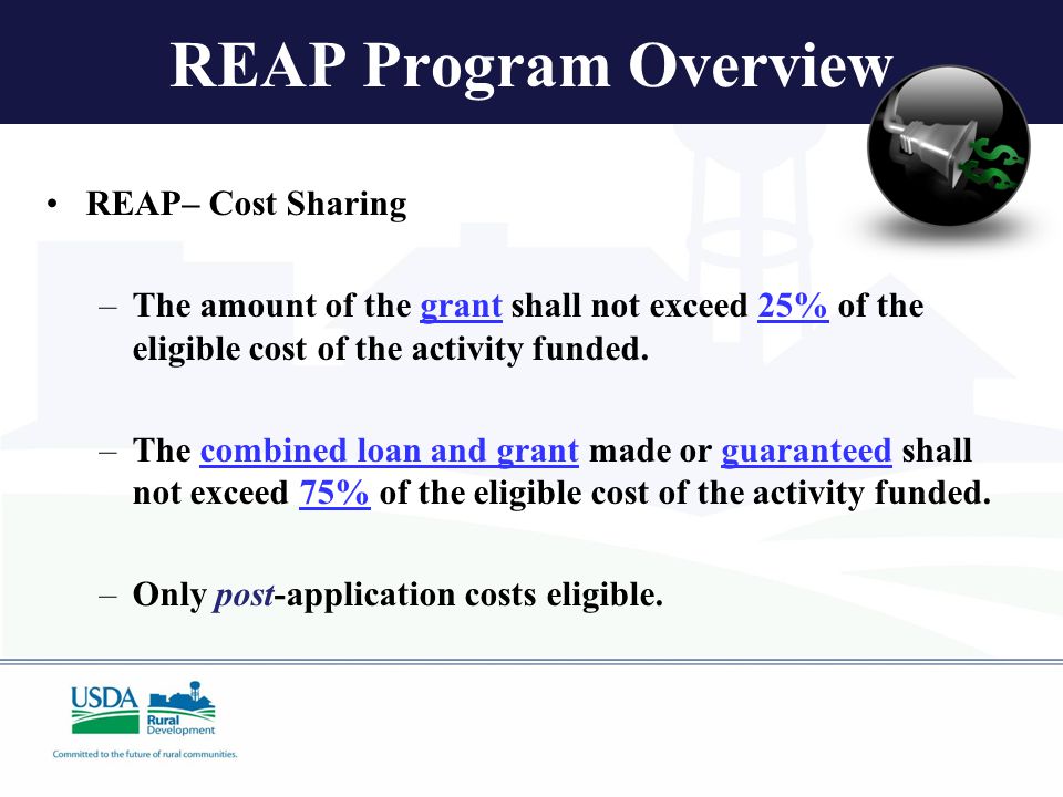 REAP Program Overview REAP– Cost Sharing –The amount of the grant shall not exceed 25% of the eligible cost of the activity funded.