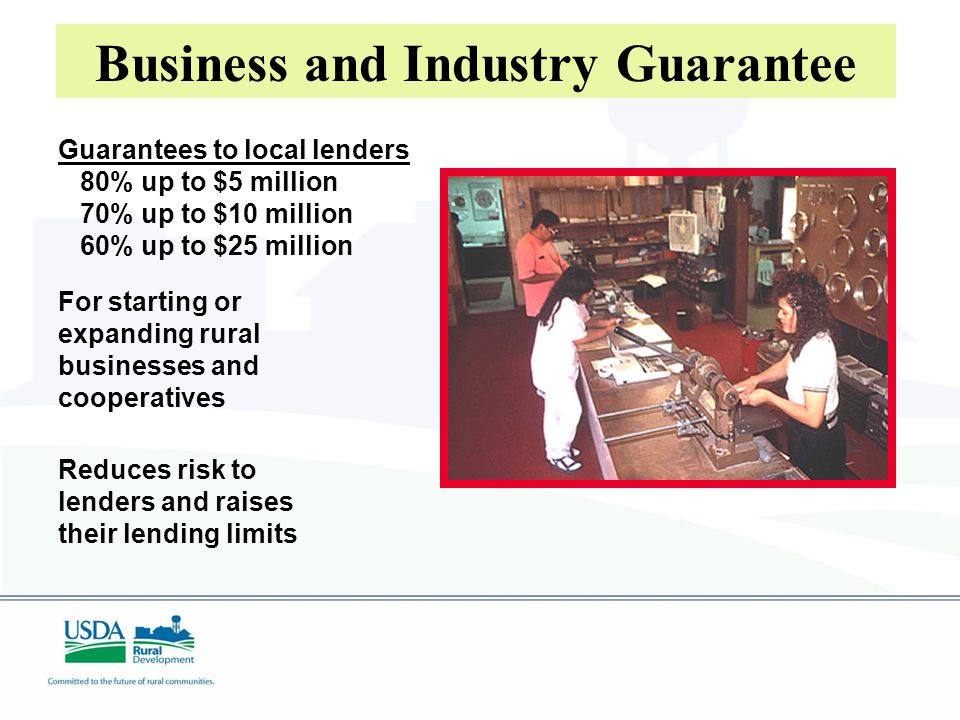 Business and Industry Guarantee For starting or expanding rural businesses and cooperatives Reduces risk to lenders and raises their lending limits Guarantees to local lenders 80% up to $5 million 70% up to $10 million 60% up to $25 million