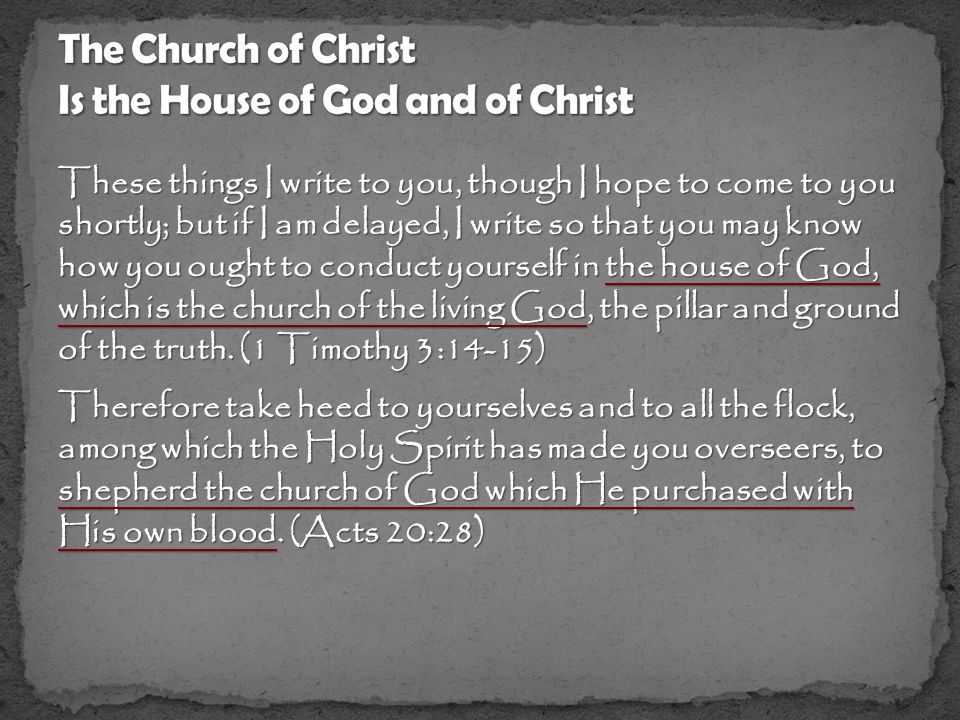 These things I write to you, though I hope to come to you shortly; but if I am delayed, I write so that you may know how you ought to conduct yourself in the house of God, which is the church of the living God, the pillar and ground of the truth.