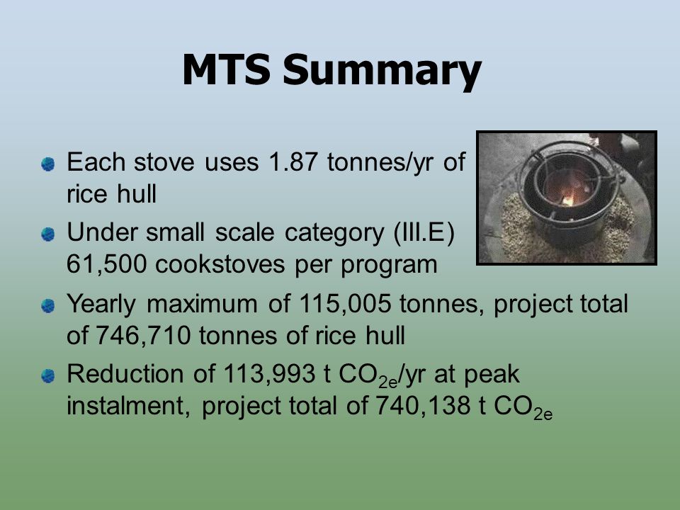 MTS Summary Yearly maximum of 115,005 tonnes, project total of 746,710 tonnes of rice hull Reduction of 113,993 t CO 2e /yr at peak instalment, project total of 740,138 t CO 2e Each stove uses 1.87 tonnes/yr of rice hull Under small scale category (III.E) 61,500 cookstoves per program