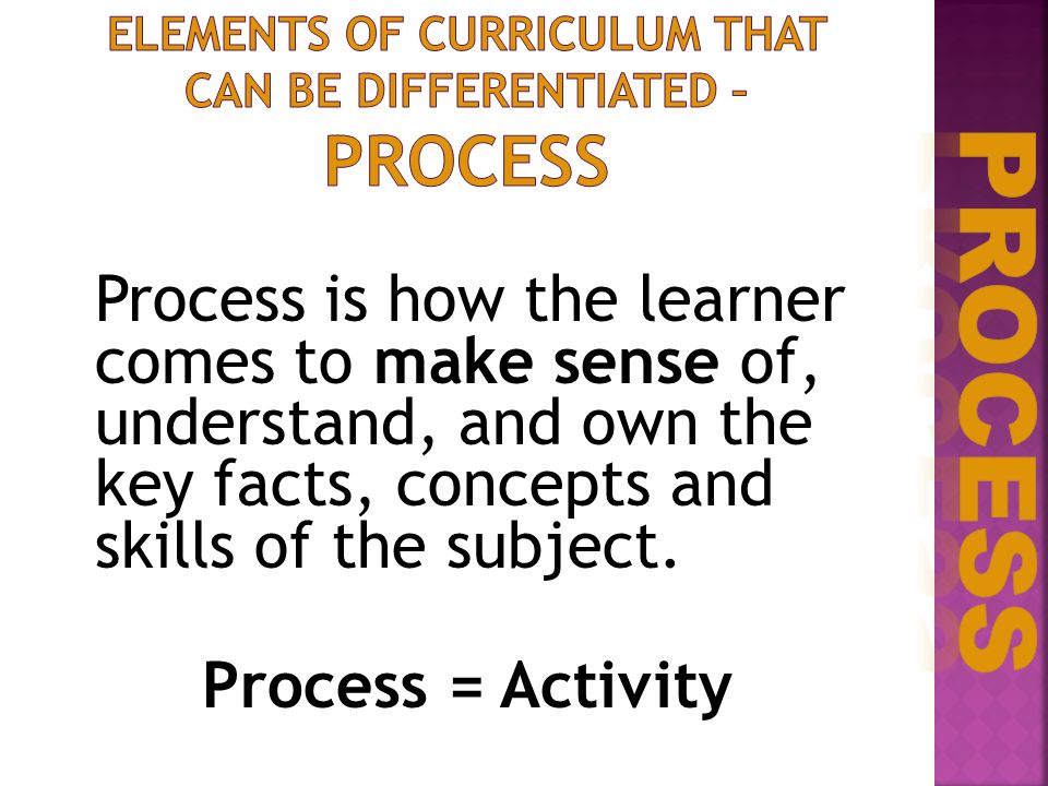 Process is how the learner comes to make sense of, understand, and own the key facts, concepts and skills of the subject.