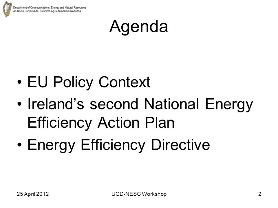 25 April 2012UCD-NESC Workshop2 Agenda EU Policy Context Ireland’s second National Energy Efficiency Action Plan Energy Efficiency Directive