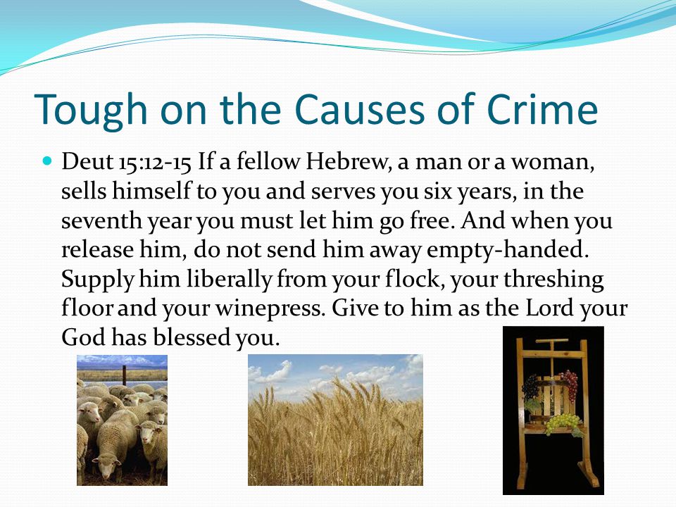 Tough on the Causes of Crime Deut 15:12-15 If a fellow Hebrew, a man or a woman, sells himself to you and serves you six years, in the seventh year you must let him go free.