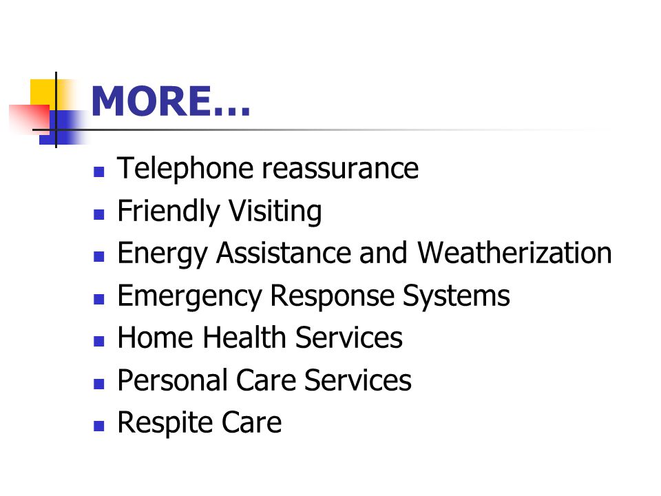 MORE… Telephone reassurance Friendly Visiting Energy Assistance and Weatherization Emergency Response Systems Home Health Services Personal Care Services Respite Care