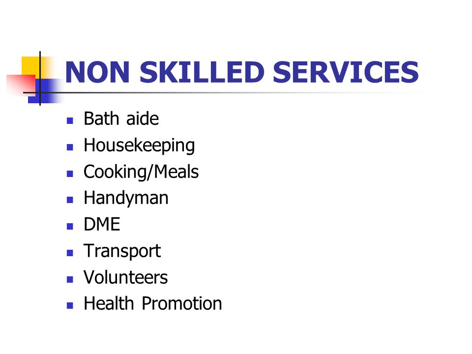 NON SKILLED SERVICES Bath aide Housekeeping Cooking/Meals Handyman DME Transport Volunteers Health Promotion