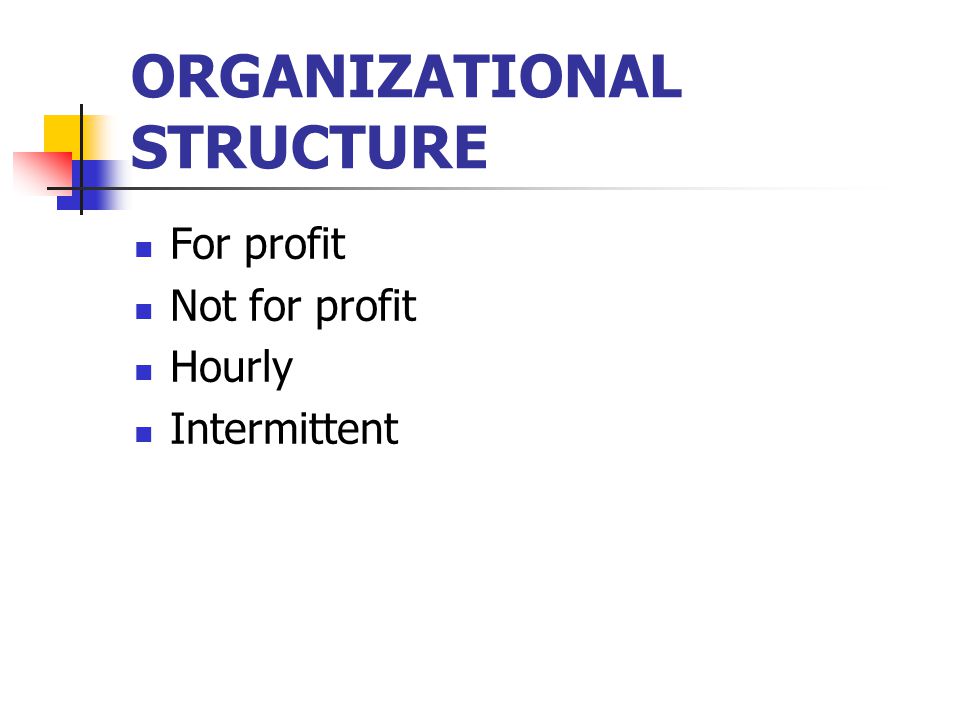 ORGANIZATIONAL STRUCTURE For profit Not for profit Hourly Intermittent