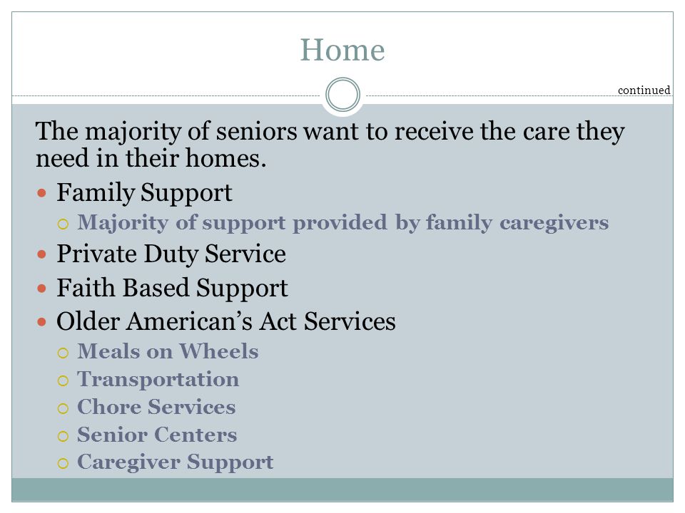 Home The majority of seniors want to receive the care they need in their homes.