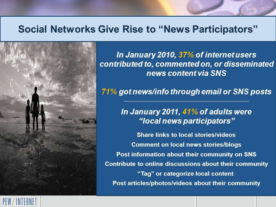 Social Networks Give Rise to News Participators In January 2010, 37% of internet users contributed to, commented on, or disseminated news content via SNS 71% got news/info through  or SNS posts _________________________________________________ In January 2011, 41% of adults were local news participators Share links to local stories/videos Comment on local news stories/blogs Post information about their community on SNS Contribute to online discussions about their community Tag or categorize local content Post articles/photos/videos about their community