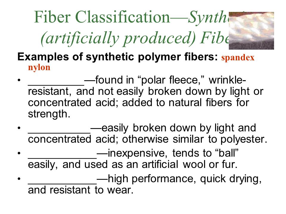 Fiber Classification—Synthetic (artificially produced) Fibers Examples of synthetic polymer fibers: spandex nylon _________—found in polar fleece, wrinkle- resistant, and not easily broken down by light or concentrated acid; added to natural fibers for strength.