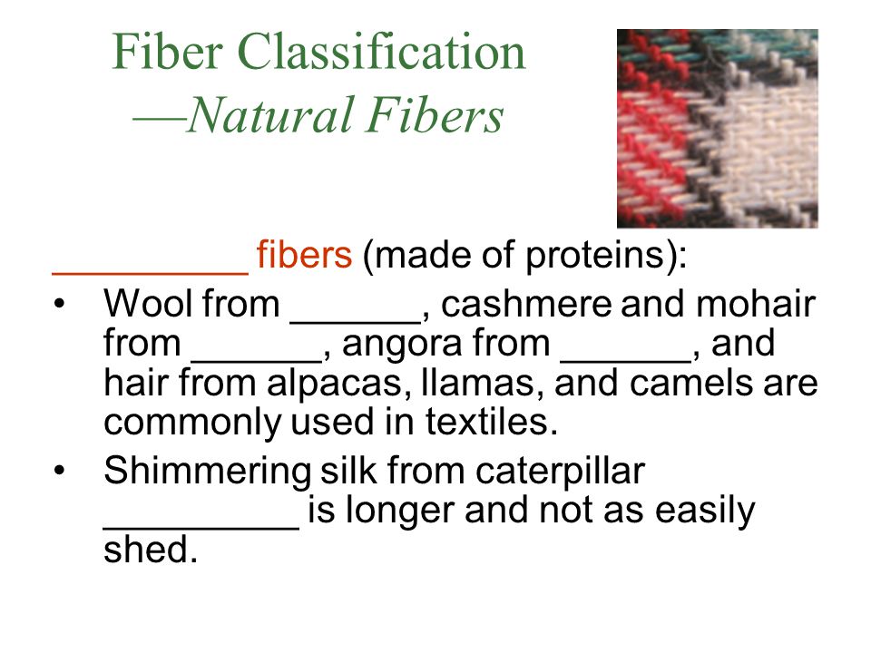 Fiber Classification —Natural Fibers _________ fibers (made of proteins): Wool from ______, cashmere and mohair from ______, angora from ______, and hair from alpacas, llamas, and camels are commonly used in textiles.