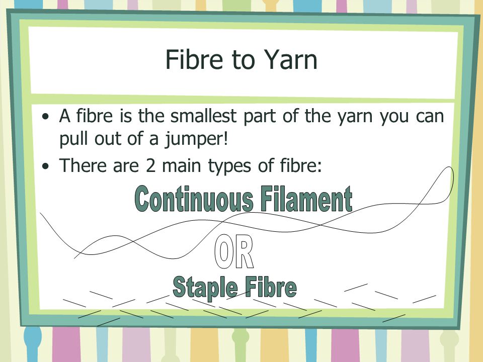 Fibre to Yarn A fibre is the smallest part of the yarn you can pull out of a jumper.