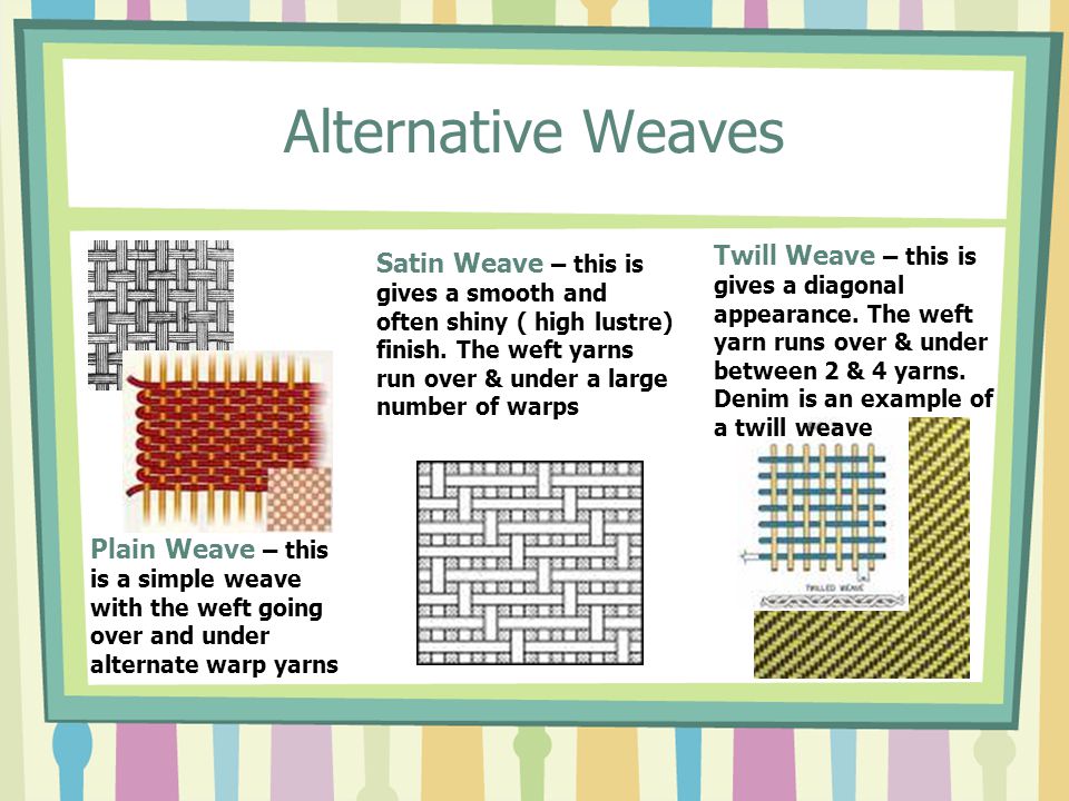 Alternative Weaves Plain Weave – this is a simple weave with the weft going over and under alternate warp yarns Twill Weave – this is gives a diagonal appearance.
