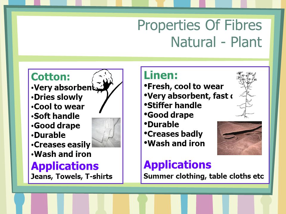 Properties Of Fibres Natural - Plant Cotton: Very absorbent Dries slowly Cool to wear Soft handle Good drape Durable Creases easily Wash and iron Applications Jeans, Towels, T-shirts Linen: Fresh, cool to wear Very absorbent, fast drying Stiffer handle Good drape Durable Creases badly Wash and iron Applications Summer clothing, table cloths etc