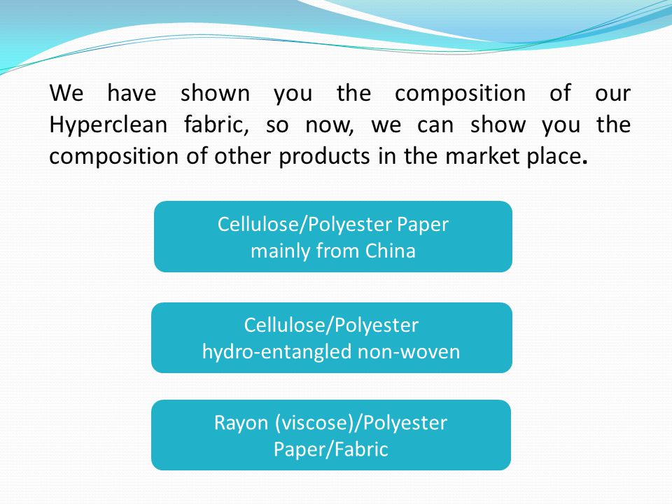 We have shown you the composition of our Hyperclean fabric, so now, we can show you the composition of other products in the market place.