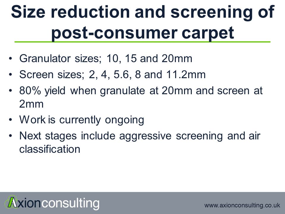 Size reduction and screening of post-consumer carpet Granulator sizes; 10, 15 and 20mm Screen sizes; 2, 4, 5.6, 8 and 11.2mm 80% yield when granulate at 20mm and screen at 2mm Work is currently ongoing Next stages include aggressive screening and air classification
