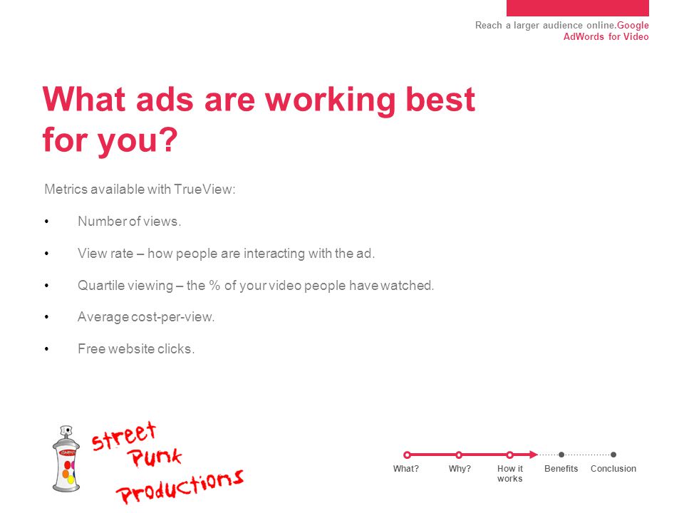 Reach a larger audience online.Google AdWords for Video What ads are working best for you.