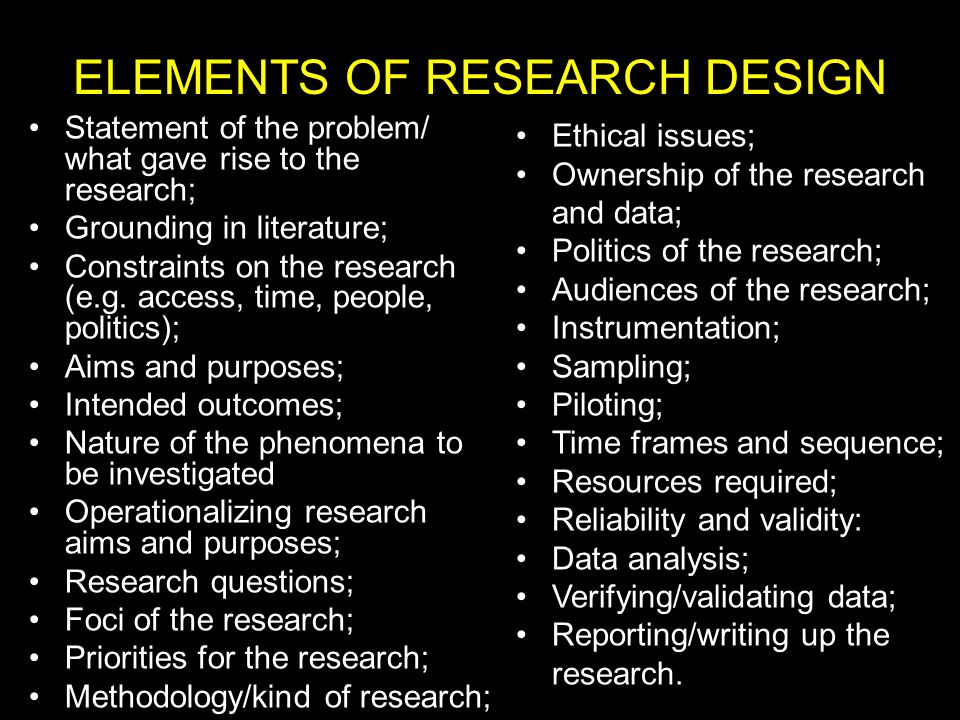 ELEMENTS OF RESEARCH DESIGN Statement of the problem/ what gave rise to the research; Grounding in literature; Constraints on the research (e.g.