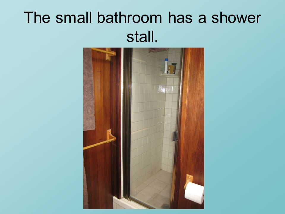 The small bathroom has a shower stall.