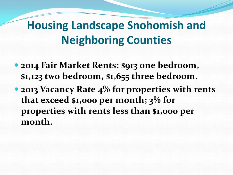 Housing Landscape Snohomish and Neighboring Counties 2014 Fair Market Rents: $913 one bedroom, $1,123 two bedroom, $1,655 three bedroom.