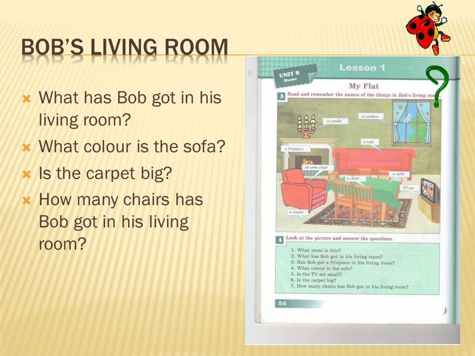  What has Bob got in his living room.  What colour is the sofa.