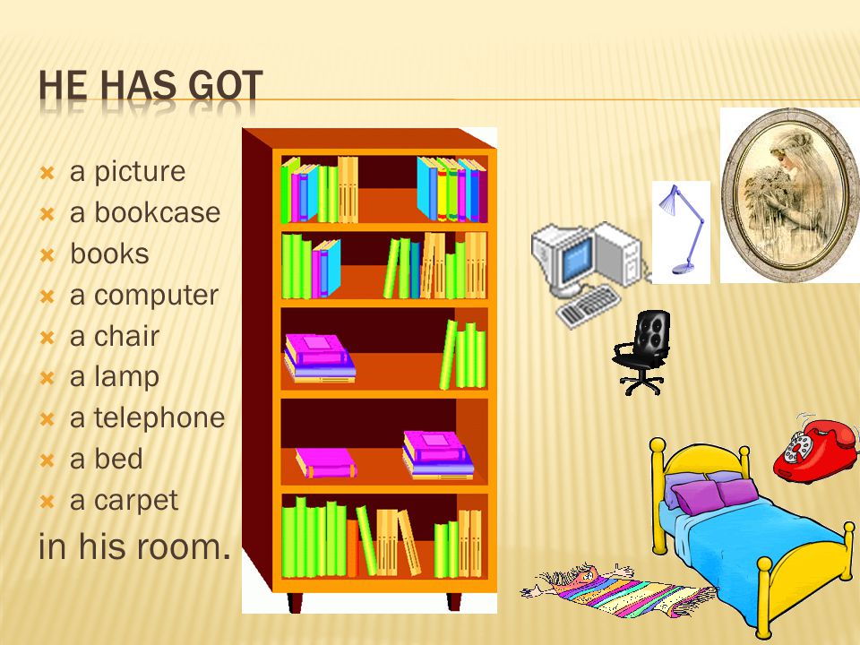  a picture  a bookcase  books  a computer  a chair  a lamp  a telephone  a bed  a carpet in his room.