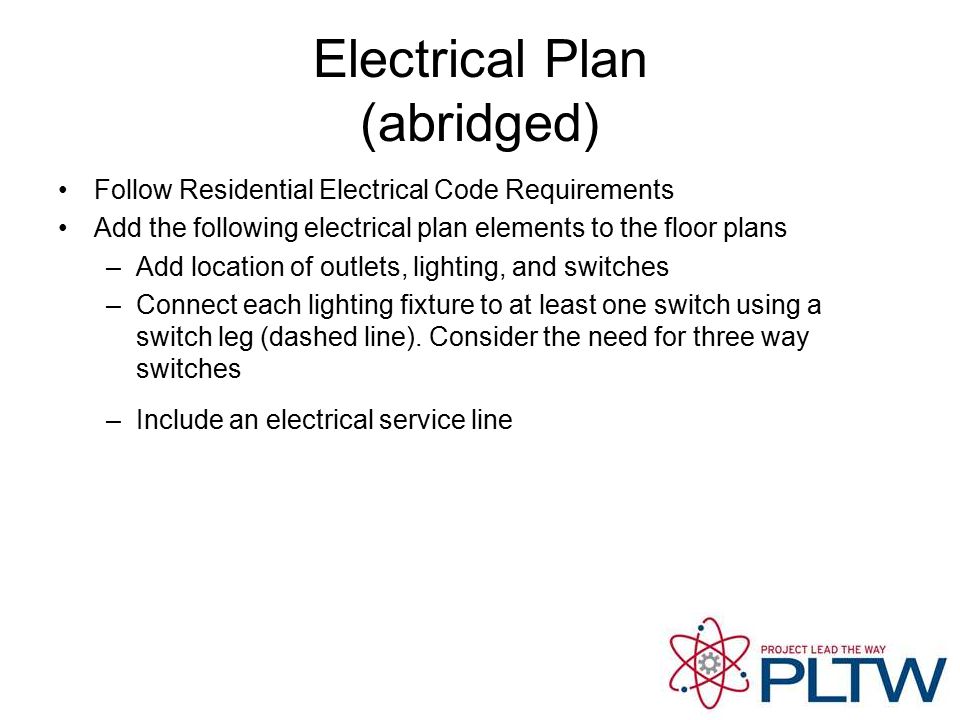 Electrical Plan (abridged) Follow Residential Electrical Code Requirements Add the following electrical plan elements to the floor plans –Add location of outlets, lighting, and switches –Connect each lighting fixture to at least one switch using a switch leg (dashed line).