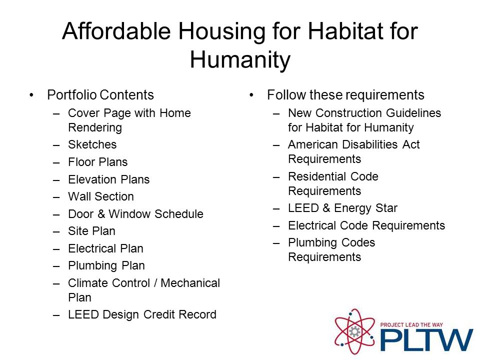 Affordable Housing for Habitat for Humanity Portfolio Contents –Cover Page with Home Rendering –Sketches –Floor Plans –Elevation Plans –Wall Section –Door & Window Schedule –Site Plan –Electrical Plan –Plumbing Plan –Climate Control / Mechanical Plan –LEED Design Credit Record Follow these requirements –New Construction Guidelines for Habitat for Humanity –American Disabilities Act Requirements –Residential Code Requirements –LEED & Energy Star –Electrical Code Requirements –Plumbing Codes Requirements