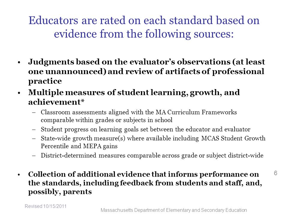 Educators are rated on each standard based on evidence from the following sources: Judgments based on the evaluator’s observations (at least one unannounced) and review of artifacts of professional practice Multiple measures of student learning, growth, and achievement* –Classroom assessments aligned with the MA Curriculum Frameworks comparable within grades or subjects in school –Student progress on learning goals set between the educator and evaluator –State-wide growth measure(s) where available including MCAS Student Growth Percentile and MEPA gains –District-determined measures comparable across grade or subject district-wide Collection of additional evidence that informs performance on the standards, including feedback from students and staff, and, possibly, parents 6 Massachusetts Department of Elementary and Secondary Education Revised 10/15/2011