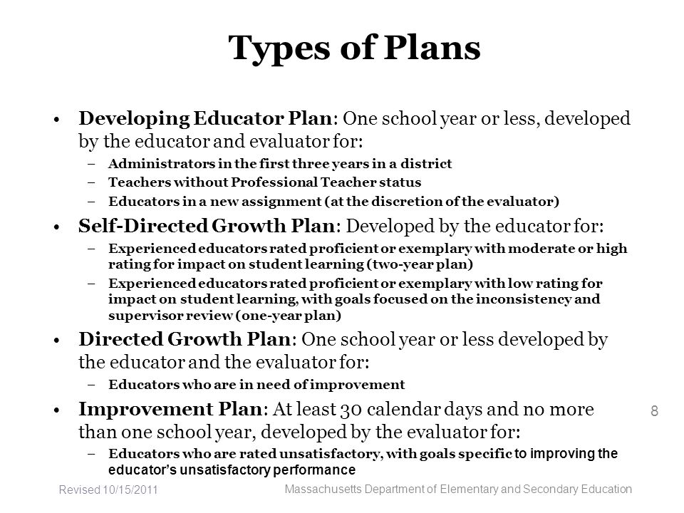 Types of Plans Developing Educator Plan: One school year or less, developed by the educator and evaluator for: –Administrators in the first three years in a district –Teachers without Professional Teacher status –Educators in a new assignment (at the discretion of the evaluator) Self-Directed Growth Plan: Developed by the educator for: –Experienced educators rated proficient or exemplary with moderate or high rating for impact on student learning (two-year plan) –Experienced educators rated proficient or exemplary with low rating for impact on student learning, with goals focused on the inconsistency and supervisor review (one-year plan) Directed Growth Plan: One school year or less developed by the educator and the evaluator for: –Educators who are in need of improvement Improvement Plan: At least 30 calendar days and no more than one school year, developed by the evaluator for: –Educators who are rated unsatisfactory, with goals specific to improving the educator’s unsatisfactory performance 8 Massachusetts Department of Elementary and Secondary Education Revised 10/15/2011