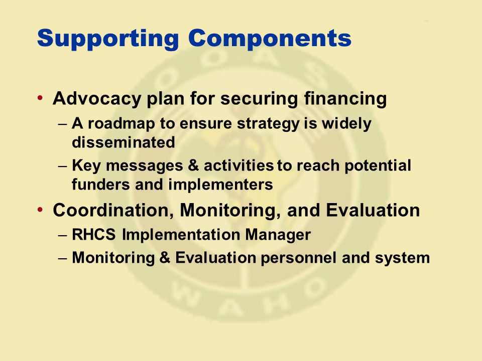 Supporting Components Advocacy plan for securing financing –A roadmap to ensure strategy is widely disseminated –Key messages & activities to reach potential funders and implementers Coordination, Monitoring, and Evaluation –RHCS Implementation Manager –Monitoring & Evaluation personnel and system