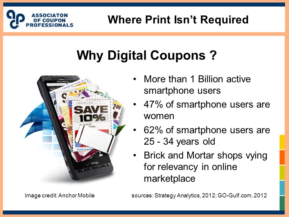 Where Print Isn’t Required More than 1 Billion active smartphone users 47% of smartphone users are women 62% of smartphone users are years old Brick and Mortar shops vying for relevancy in online marketplace Image credit: Anchor Mobile sources: Strategy Analytics, 2012; GO-Gulf.com, 2012 Why Digital Coupons