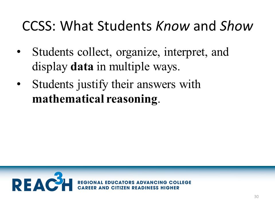 CCSS: What Students Know and Show Students collect, organize, interpret, and display data in multiple ways.