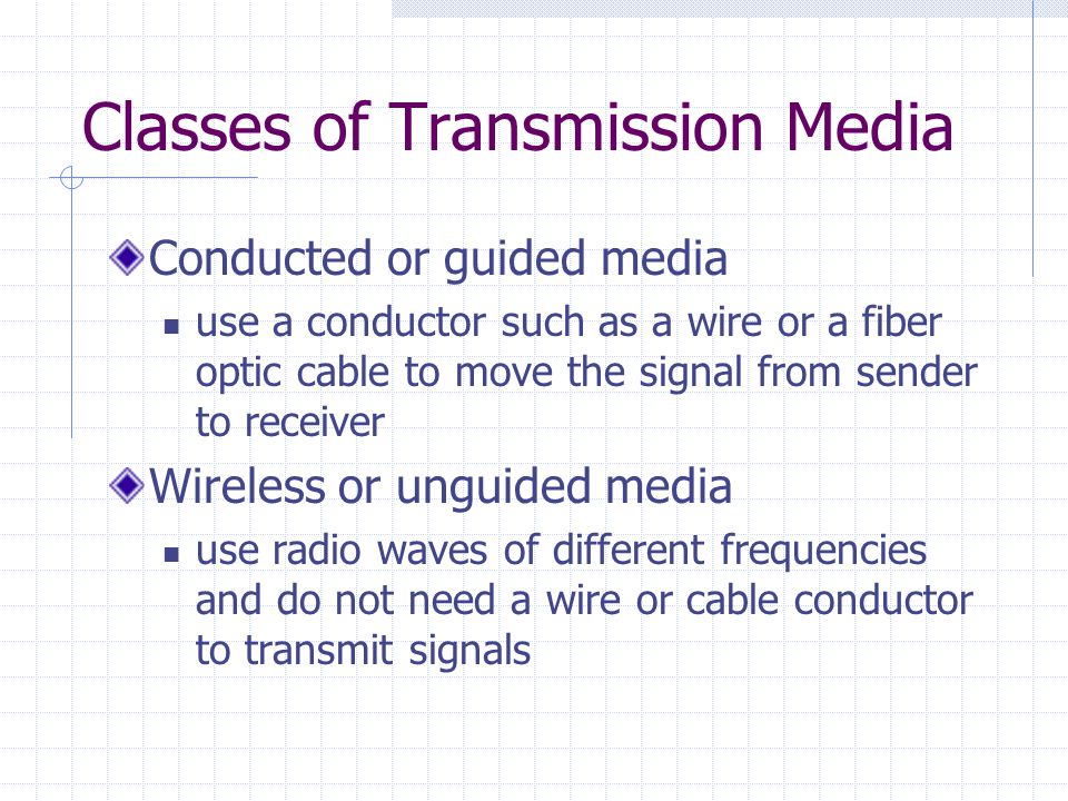 Classes of Transmission Media Conducted or guided media use a conductor such as a wire or a fiber optic cable to move the signal from sender to receiver Wireless or unguided media use radio waves of different frequencies and do not need a wire or cable conductor to transmit signals