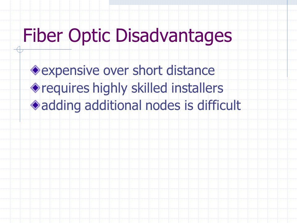 Fiber Optic Disadvantages expensive over short distance requires highly skilled installers adding additional nodes is difficult