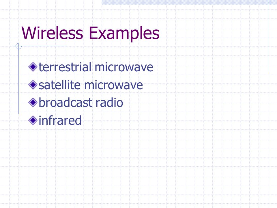 Wireless Examples terrestrial microwave satellite microwave broadcast radio infrared