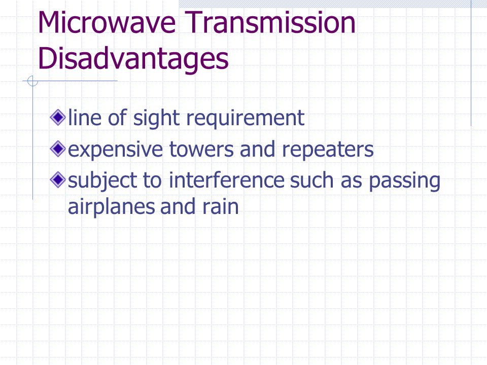 Microwave Transmission Disadvantages line of sight requirement expensive towers and repeaters subject to interference such as passing airplanes and rain