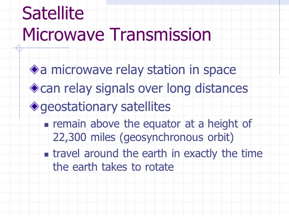 Satellite Microwave Transmission a microwave relay station in space can relay signals over long distances geostationary satellites remain above the equator at a height of 22,300 miles (geosynchronous orbit) travel around the earth in exactly the time the earth takes to rotate