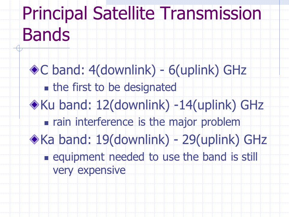 Principal Satellite Transmission Bands C band: 4(downlink) - 6(uplink) GHz the first to be designated Ku band: 12(downlink) -14(uplink) GHz rain interference is the major problem Ka band: 19(downlink) - 29(uplink) GHz equipment needed to use the band is still very expensive