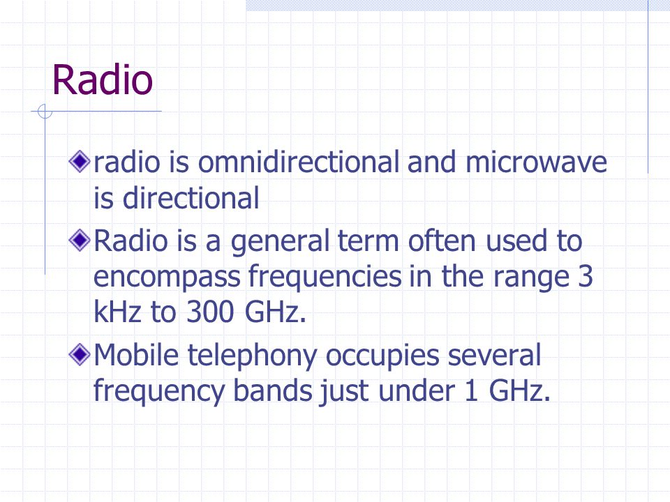 Radio radio is omnidirectional and microwave is directional Radio is a general term often used to encompass frequencies in the range 3 kHz to 300 GHz.